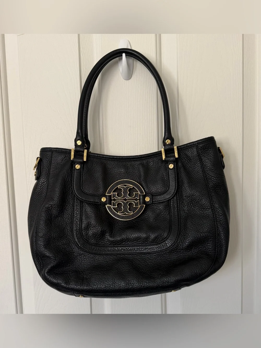 Tory Burch Black Leather Shoulder Tote with Gold Logo